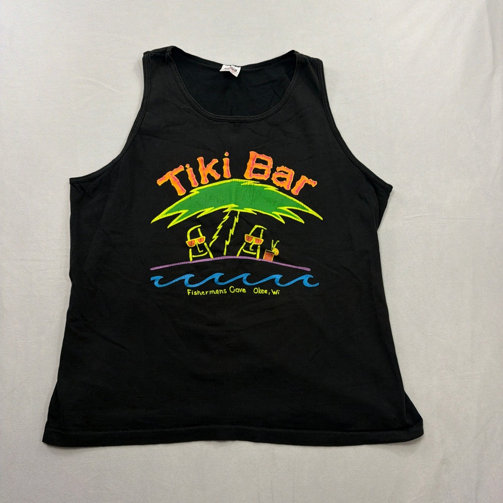 Vintage Tank Top Tiki Bar Fishermans Cove Okee WI Graphic Black Men XL Anvil